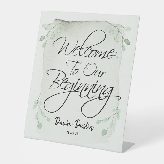 Sage Green Eucalyptus Welkom bij ons begin Reclamebord Met Voetstuk (Voorkant)