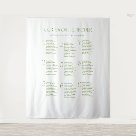 Sage Green Fabric Wedding Seating Chart Wandkleed (Voorkant)