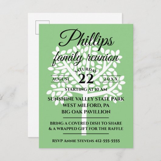 Sage Green Family Reunion White Tree Silhouette Uitnodiging Briefkaart (Voorkant / Achterkant)