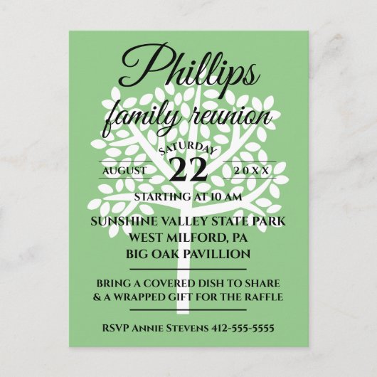 Sage Green Family Reunion White Tree Silhouette Uitnodiging Briefkaart (Voorkant)