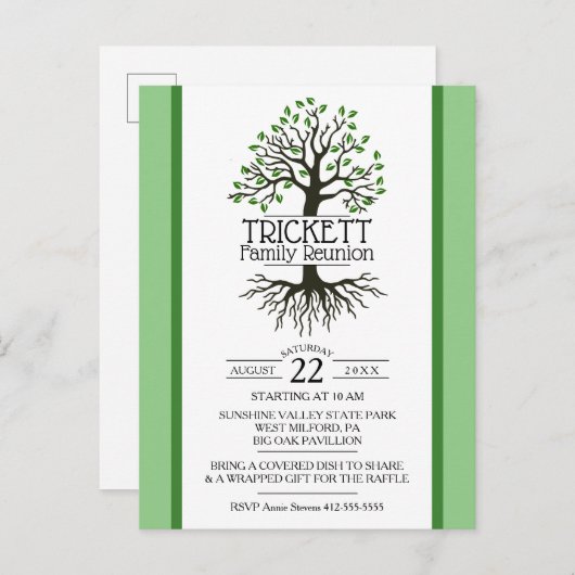 Sage Green Family Tree-reünie Uitnodiging Briefkaart (Voorkant / Achterkant)