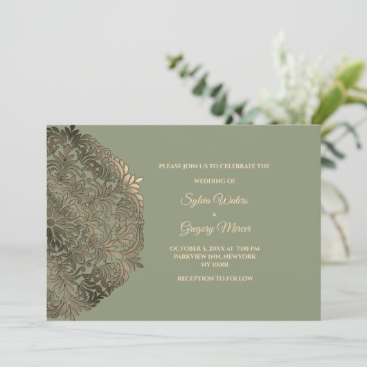 Sage Green Faux Gold Etnische Klassieke Huwelijk Kaart (Staand voorkant)