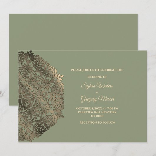 Sage Green Faux Gold Etnische Klassieke Huwelijk Kaart (Voorkant / Achterkant)