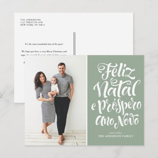 Sage Green Feliz Natal Kalligrafie Kerstfoto Feestdagenkaart (Voorkant / Achterkant)