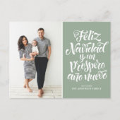 Sage Green Feliz Navidad Script Kerstfoto Feestdagenkaart (Voorkant)