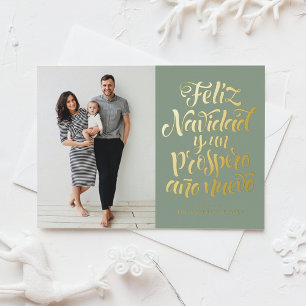 Sage Green Feliz Navidad Script Kerstfoto Folie Feestdagenkaart