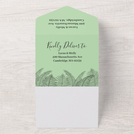 Sage Green Fern Leaf Wedding All In One Uitnodiging (Buitenkant)