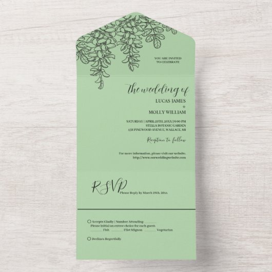 Sage Green Fern Leaf Wedding All In One Uitnodiging (Binnen)