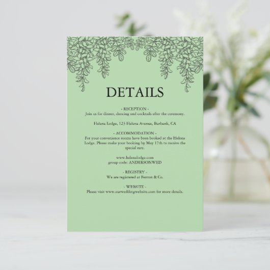 Sage Green Fern Leaf Wedding Informatiekaartje (Staand voorkant)