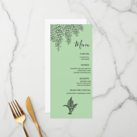 Sage Green Fern Leaf Wedding Menu (Voorkant / Achterkant in situ)