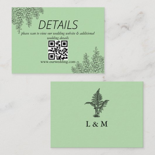 Sage Green Fern Leaf Wedding QR Code Informatiekaartje (Voorkant / Achterkant)