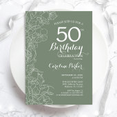Sage Green Floral 50th Birthday Party Kaart