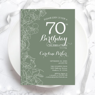 Sage Green Floral 70th Birthday Party Kaart