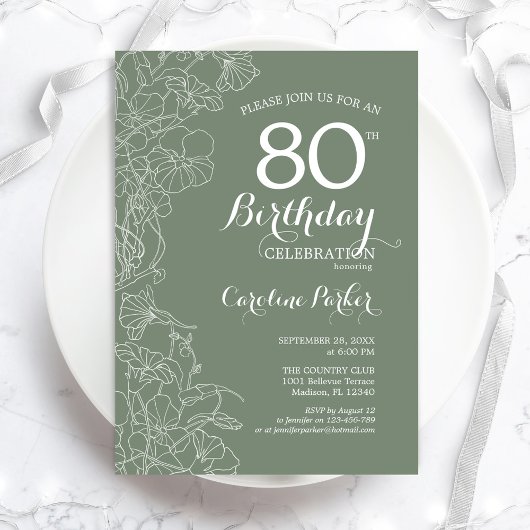 Sage Green Floral 80th Birthday Party Kaart
