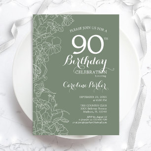Sage Green Floral 90th Birthday Party Kaart