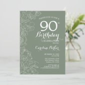 Sage Green Floral 90th Birthday Party Kaart (Staand voorkant)