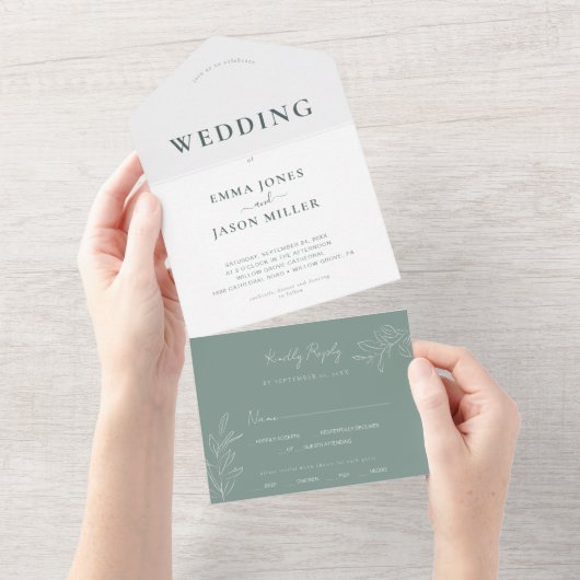 Sage green floral All in One bruiloft Invitation All In One Uitnodiging (Afscheurbaar)