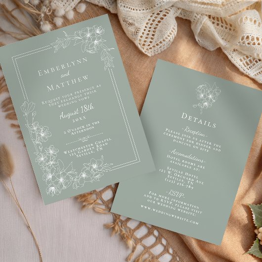 Sage Green Floral All in One Wedding Kaart