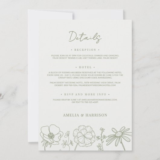 Sage Green Floral Alles in één elegante bruiloft Kaart (Achterkant)