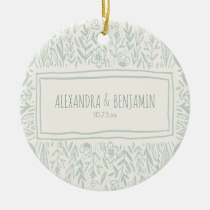 Sage Green Floral Art Border Wedding Couple 1st Keramisch Ornament