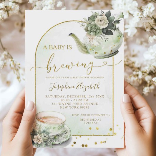 Sage Green Floral Baby shower Tea Party Uitnodigin Kaart