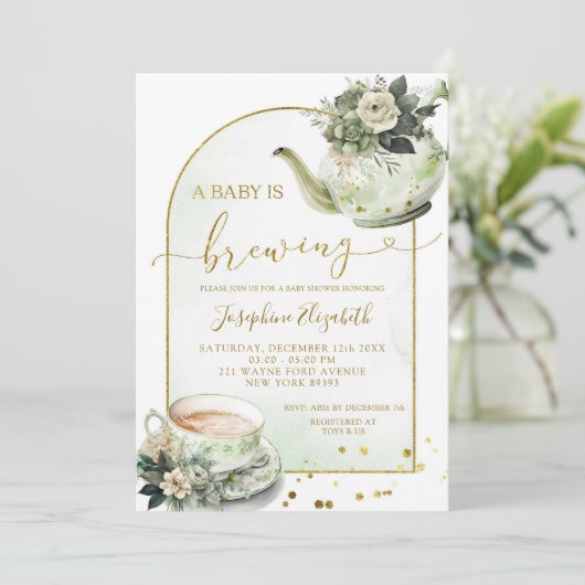 Sage Green Floral Baby shower Tea Party Uitnodigin Kaart (Staand voorkant)