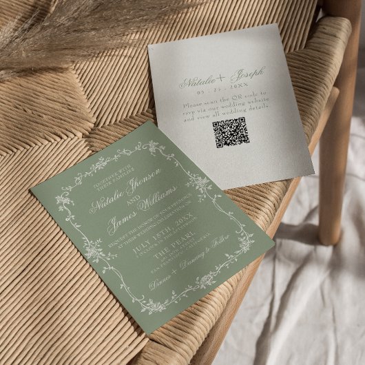 Sage Green Floral Boho Botanical QR Code Wedding Kaart