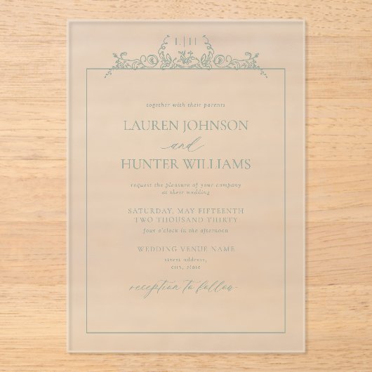Sage Green Floral Border Monogram Weddenschap Acryl Uitnodigingen (Voorkant)