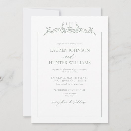 Sage Green Floral Border Monogram Weddenschap Kaart (Voorkant)