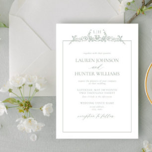 Sage Green Floral Border Monogram Weddenschap Kaart
