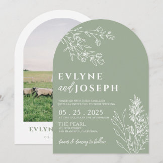 Sage Green Floral Botanical Arched Modern Wedding Kaart