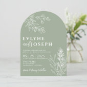 Sage Green Floral Botanical Arched Modern Wedding Kaart (Staand voorkant)