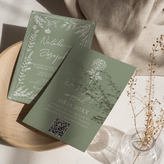 Sage Green Floral Botanical Boho QR Code Wedding Kaart