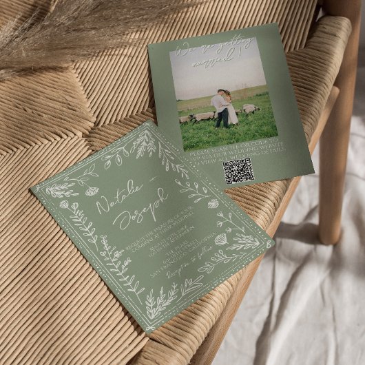 Sage Green Floral Botanical QR Code Photo  Wedding Kaart