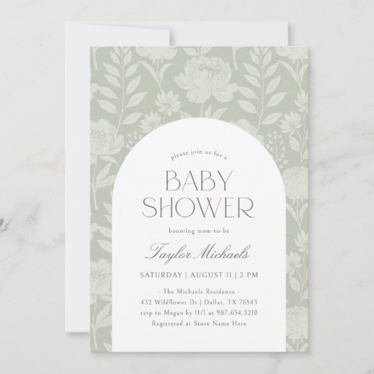 Sage Green Floral Botanisch Baby shower Kaart (Voorkant)