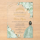 Sage Green Floral Brown Princess Gold Quinceañera Acryl Uitnodigingen (Voorkant)