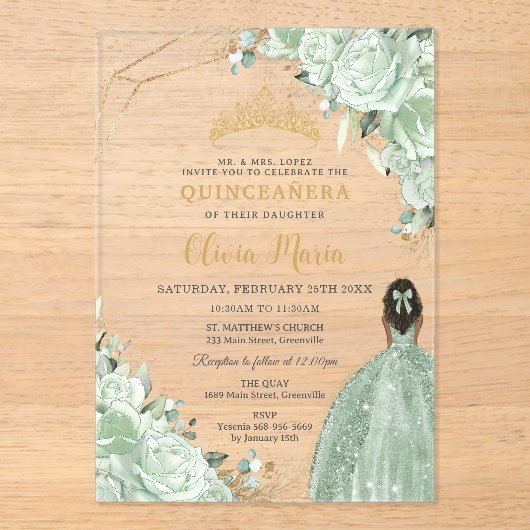 Sage Green Floral Brown Princess Gold Quinceañera Acryl Uitnodigingen (Voorkant)