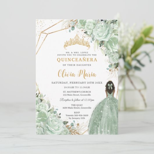 Sage Green Floral Brown Princess Gold Quinceañera Kaart (Staand voorkant)