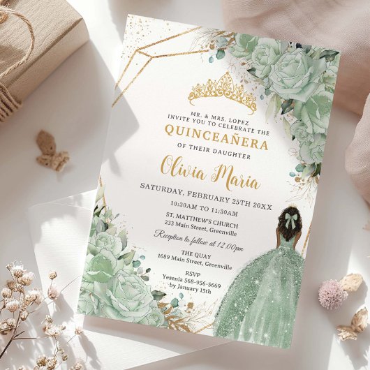 Sage Green Floral Brown Princess Gold Quinceañera Kaart