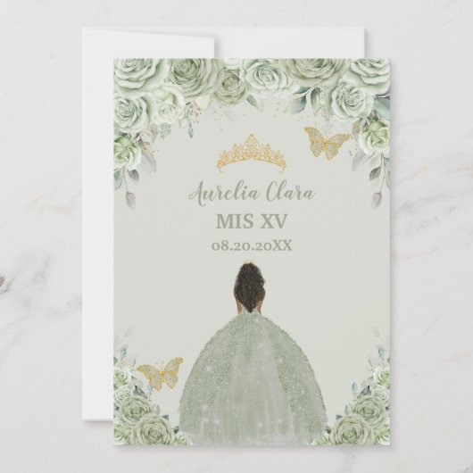 Sage Green Floral Brown Princess Gold Quinceañera Kaart (Achterkant)
