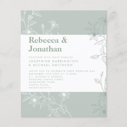 Sage Green Floral Budget Paper Wedding Invitation (Voorkant)