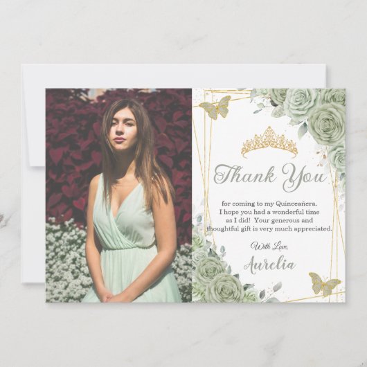 Sage Green Floral Butterflies Quinceañera Foto Bedankkaart (Voorkant)