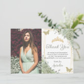 Sage Green Floral Butterflies Quinceañera Foto Bedankkaart (Staand voorkant)
