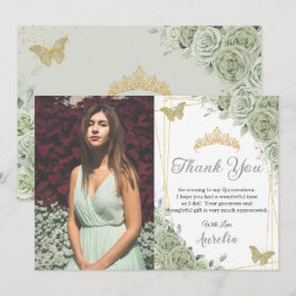 Sage Green Floral Butterflies Quinceañera Foto Bedankkaart