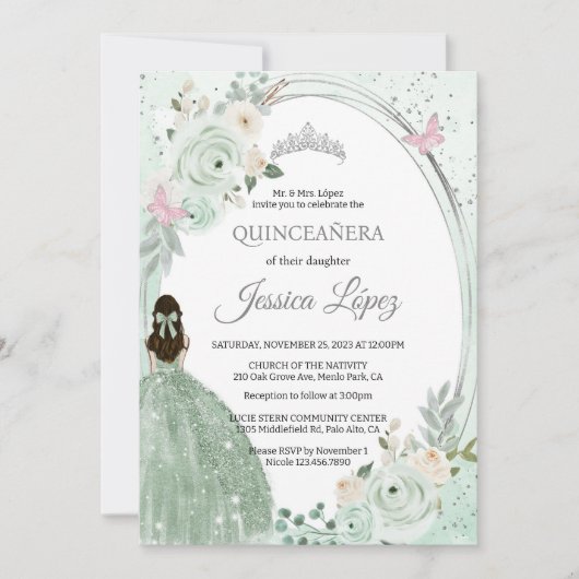 Sage Green Floral Butterflies Quinceañera Kaart (Voorkant)