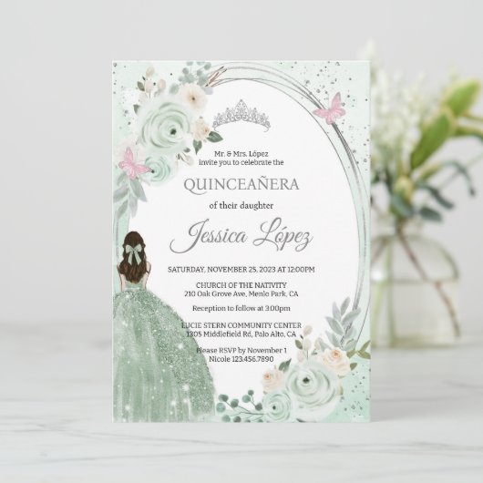 Sage Green Floral Butterflies Quinceañera Kaart (Staand voorkant)