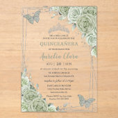 Sage Green Floral Butterflies Silver Quinceañera Acryl Uitnodigingen (Voorkant)