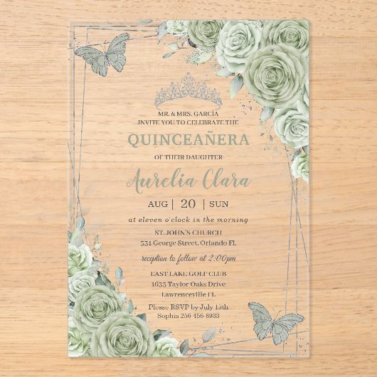 Sage Green Floral Butterflies Silver Quinceañera Acryl Uitnodigingen (Voorkant)