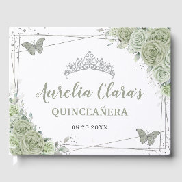 Sage Green Floral Butterflies Silver Quinceañera Gastenboek