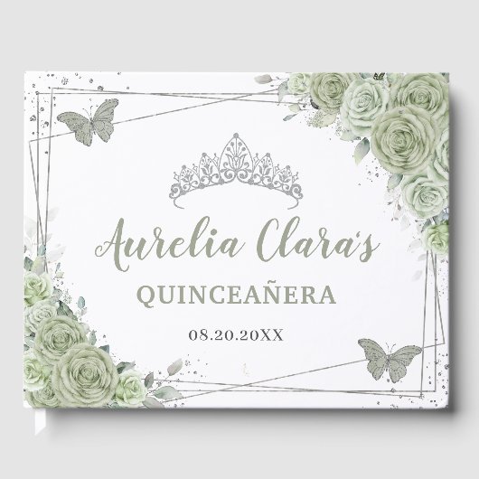 Sage Green Floral Butterflies Silver Quinceañera Gastenboek (Voorkant)